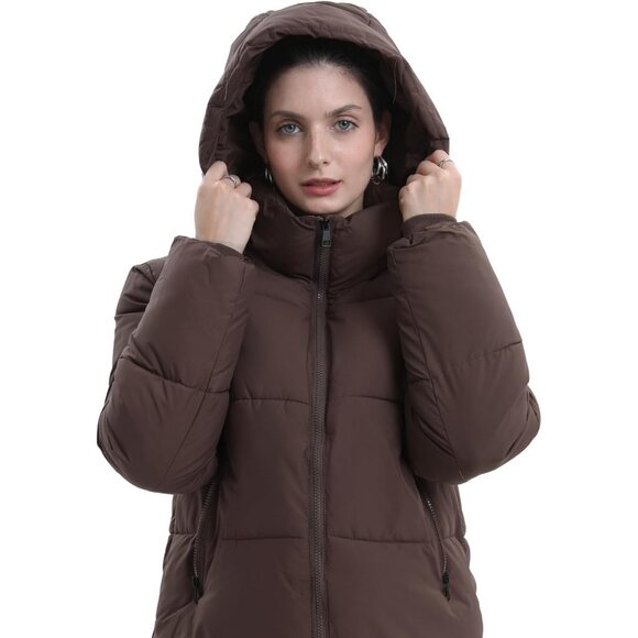 Women's Cropped Puffer Jackets Warm Winter Jacket with Removable Coat Brown - Picture 3 of 6